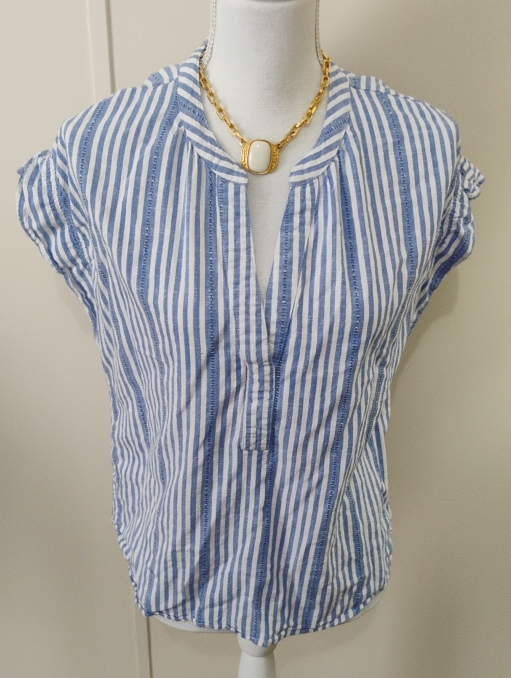 Time and Tru Blue and White Striped Split V-Neck Blouse